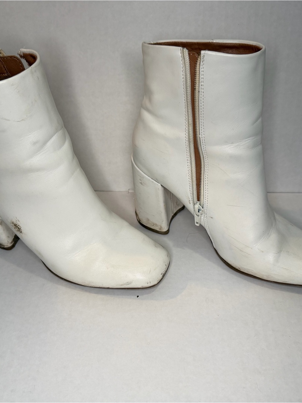 WILA White Leather Ankle Booties with Block Heel